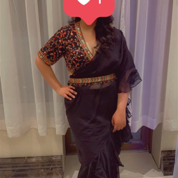 Indian Ruffle Saree with Embroidered blouse, mask and jewelled belt (Handmade) - Picture 1 of 7